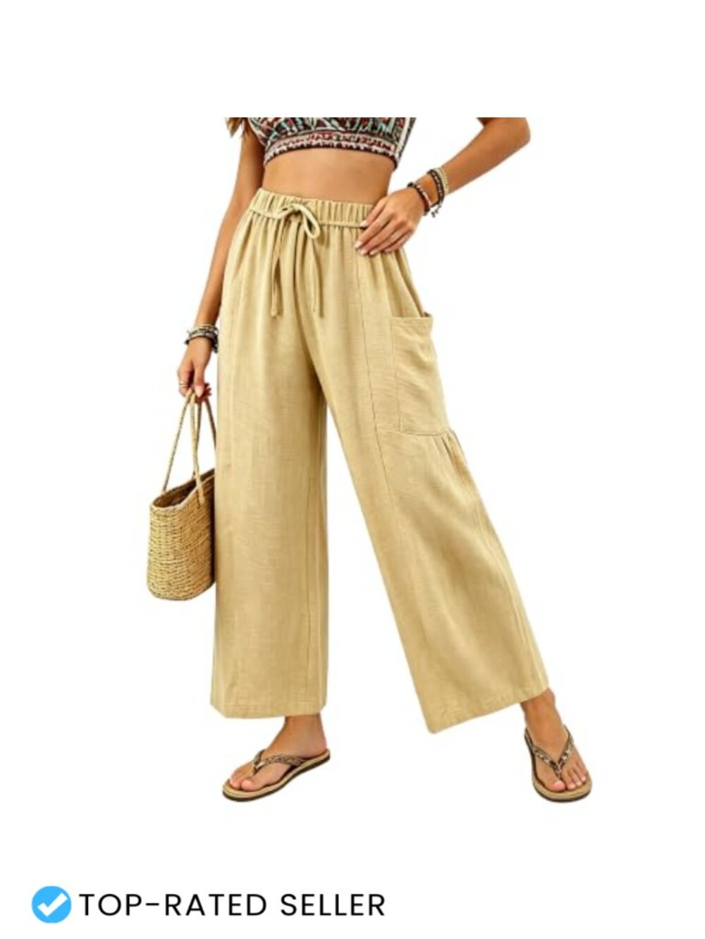 Wide Leg Cropped Pants Drawstring Lounge Trousers with Pockets Flowy Palazzo